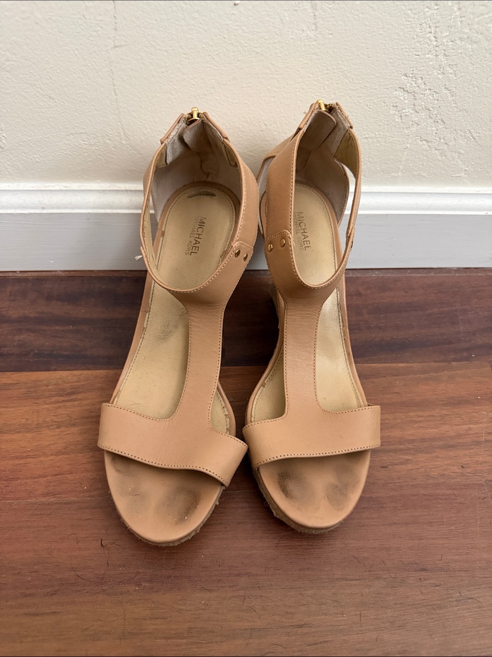 MICHAEL Michael Kors Beige Tan Leather T-Strap Wedge Sandals